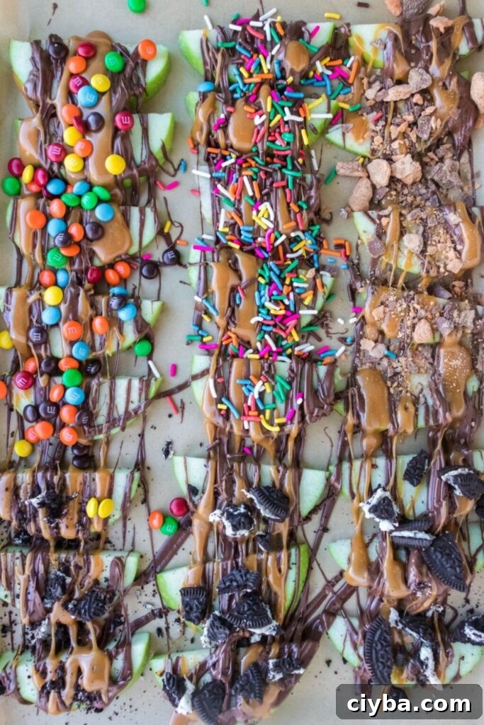 sliced caramel apples topped with sprinkles, crushed cookies, mini M&M's, etc. 