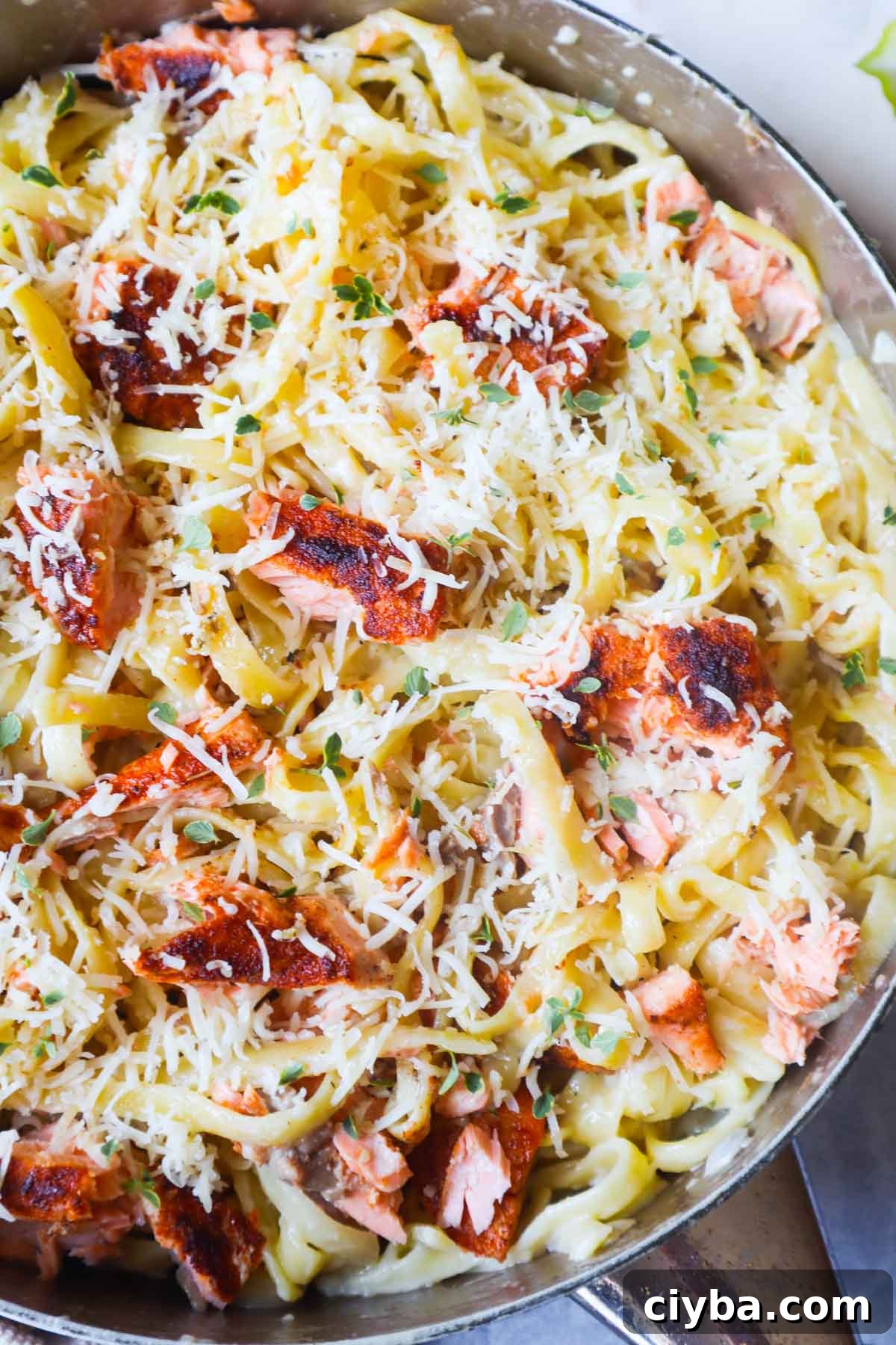 skillet with fettuccine alfredo topped with parmesan and cajun salmon