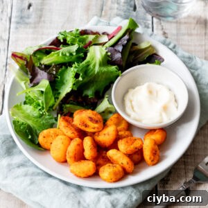 Air fried gnocchi with salad and mayonnaise