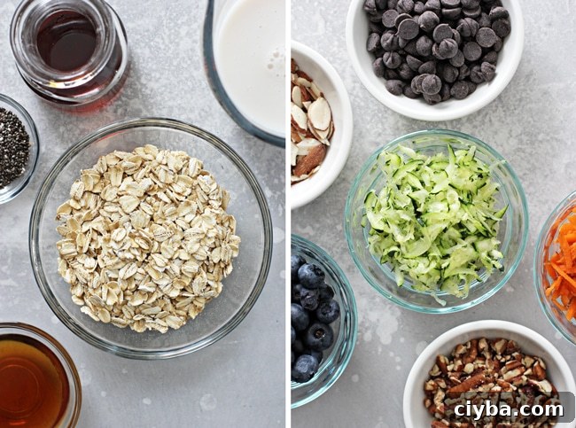 Small bowls filled with oats, chia seeds, fruit and nuts.