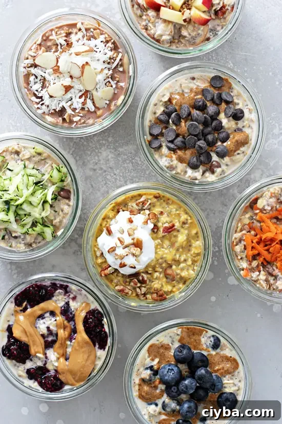 Different flavored Non Dairy Overnight Oats in small jars.