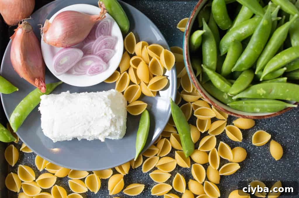 ingredients for snap pea, shallot, goat cheese pasta