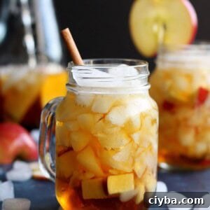Autumn Pimm’s Cup Cocktail Recipe for Cozy Evenings 5 An apple Pimm's cup cocktail with a cinnamon stick in the from and one with a slice of apple in the back.