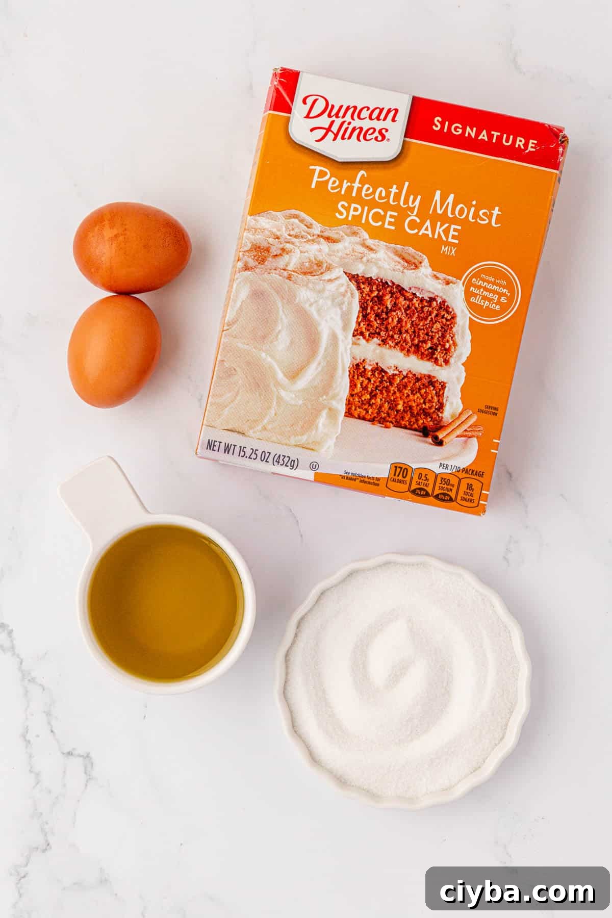 eggs, spice cake mix, oil, and white sugar