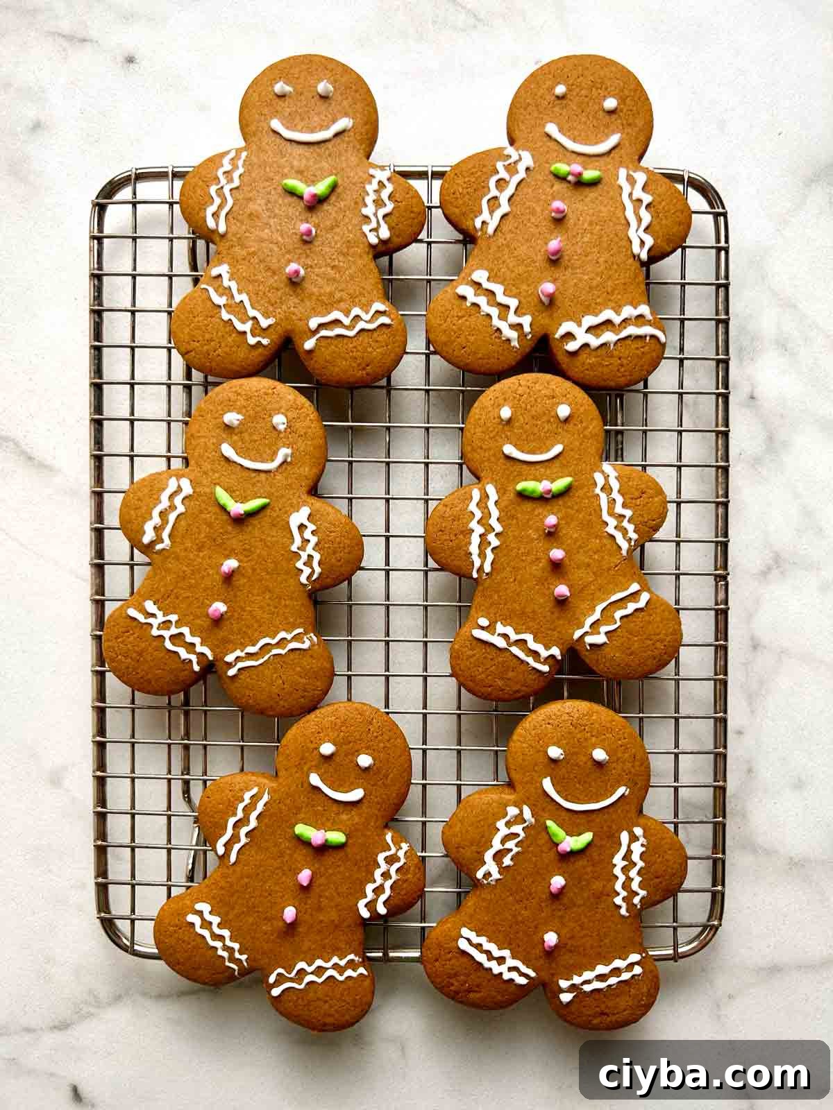 Classic Gingerbread Cookies Recipe for Soft, Spiced Cookies 12 gingerbread cookies on wire rack.