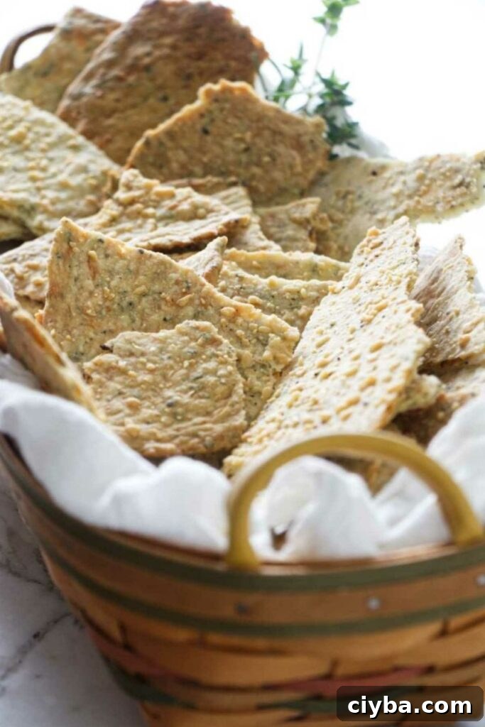 Basket with homemade seeded crackers on white cloth, herbs in background.