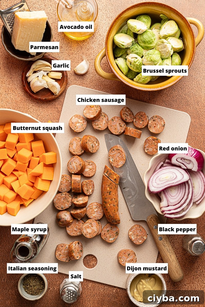 Ingredients used to make Autumn sheet pan sausage and veggies