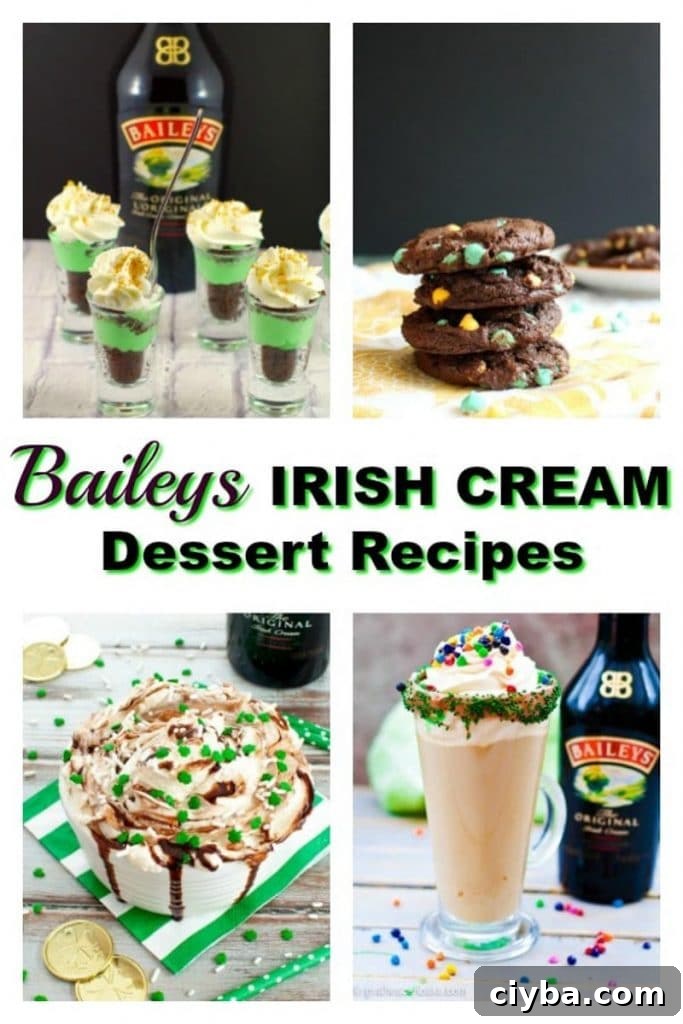 10 Irresistible Baileys Dessert Recipes for St. Patrick’s Day 2 collage of 4 of the 10 Baileys Irish cream recipes in the post (including baileys cookies, dessert shots, drink and dip)