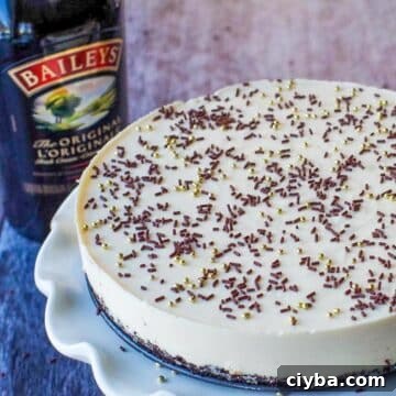 10 Irresistible Baileys Dessert Recipes for St. Patrick’s Day 7 Part of a whole No bake Baileys cheesecake on a white cake platter with a bottle of baileys in the background