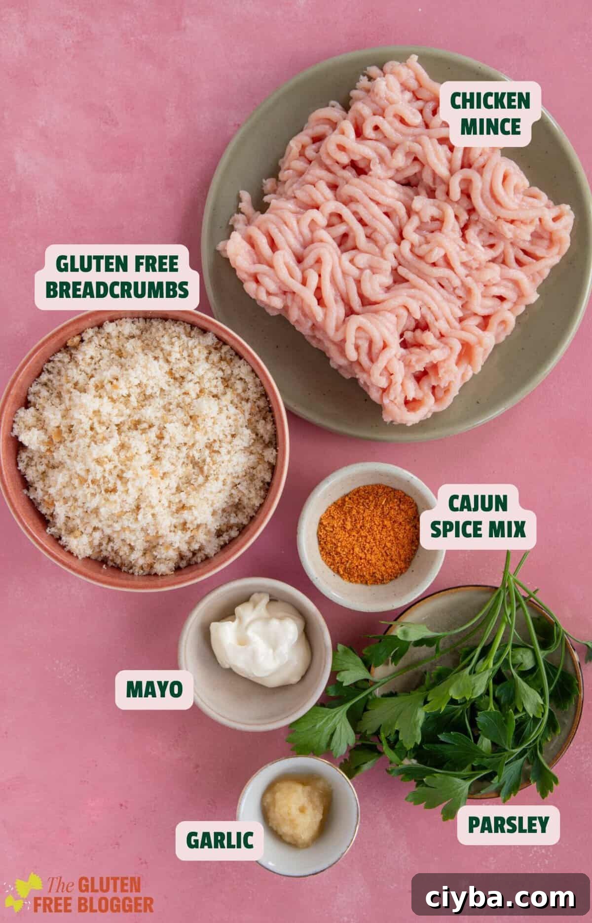Ingredients for gluten free chicken burgers with text labels.