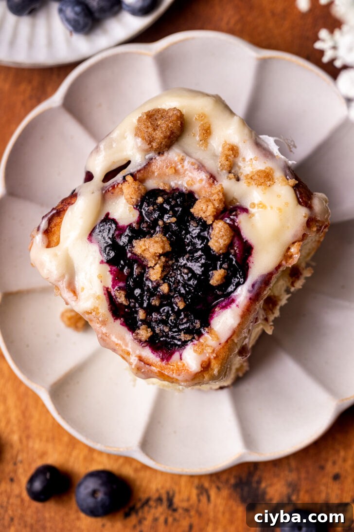 One blueberry muffin cinnamon roll on a plate.