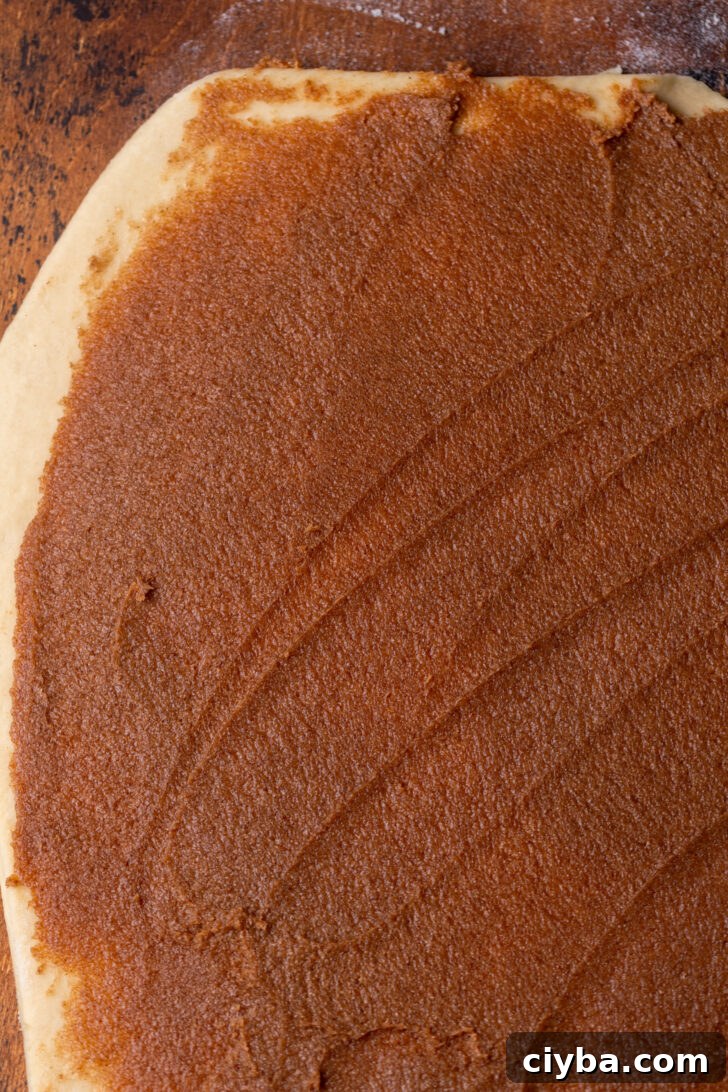 Cinnamon filling on top of rolled out dough.