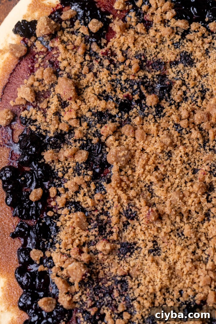 Blueberry jam and cinnamon crumble on top of dough.