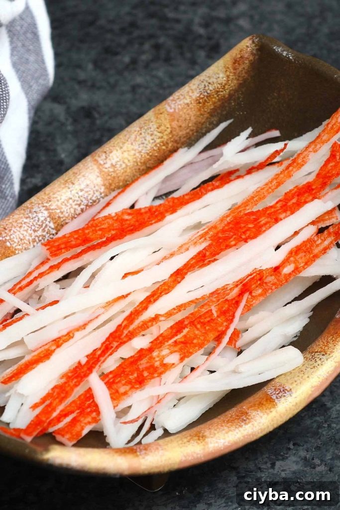Shredded kanikama in a Japanese bowl.