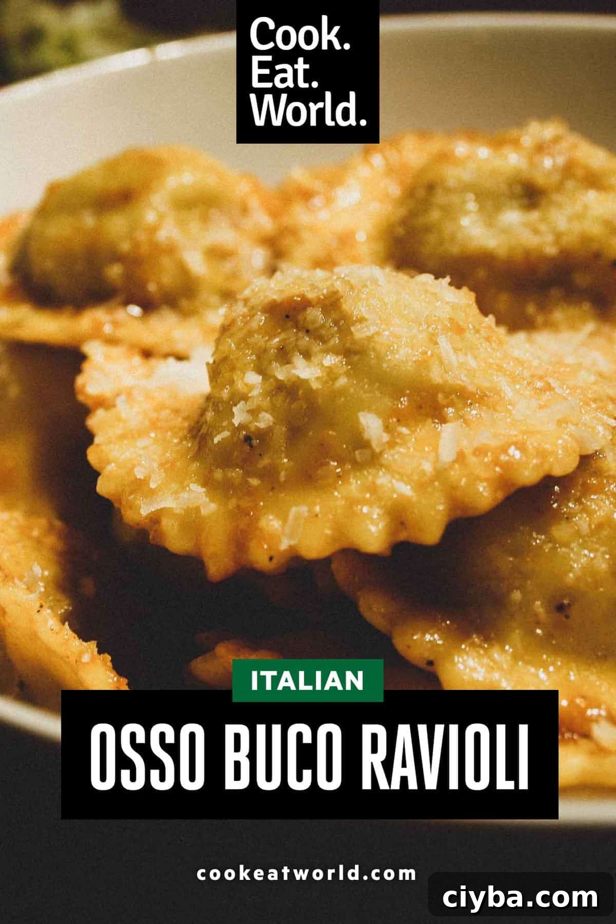 Ravioli in a meat sauce in a small bowl.