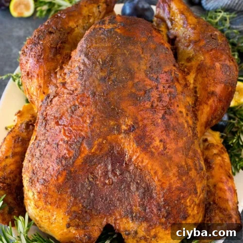 A Cajun turkey on a serving platter garnished with fruit and herbs.