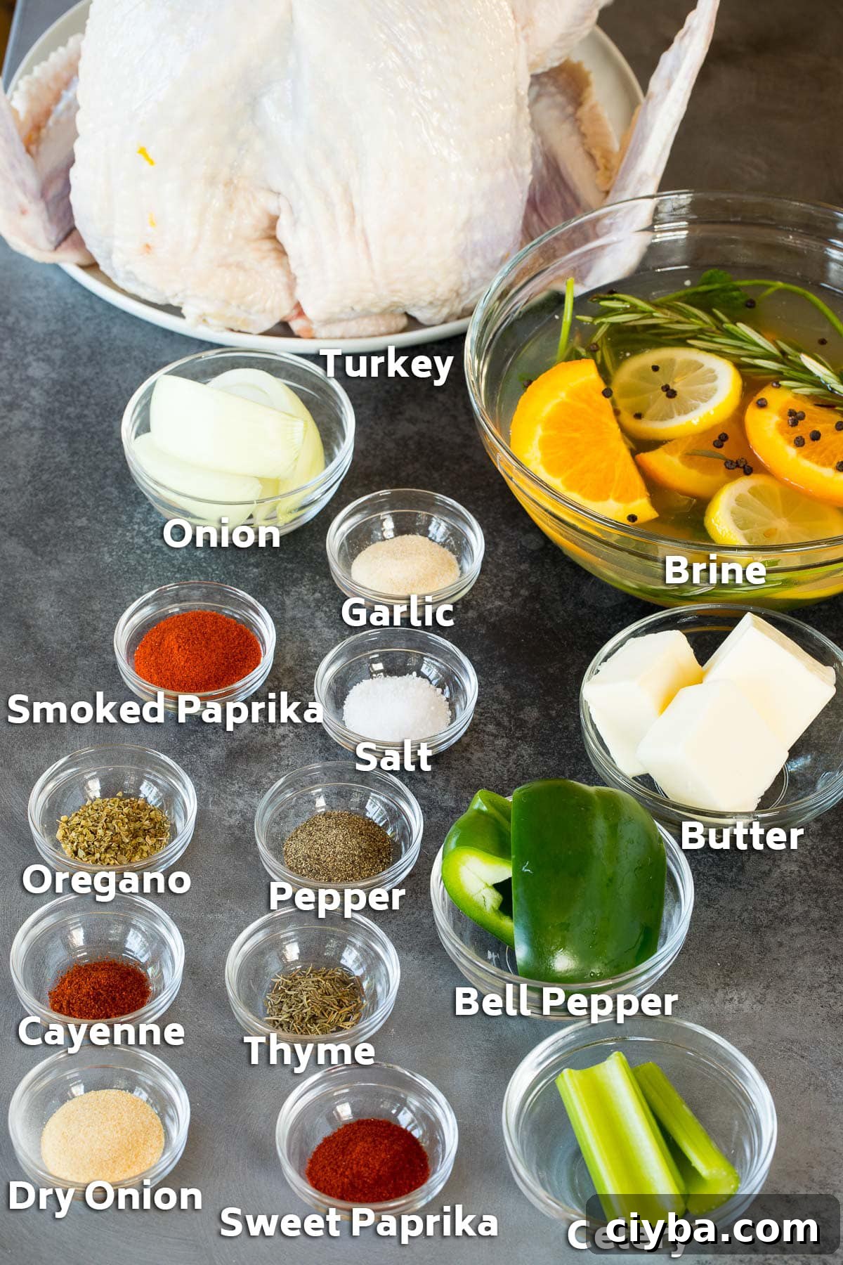 Ingredients including a turkey, brine, bowls of seasonings and vegetables.
