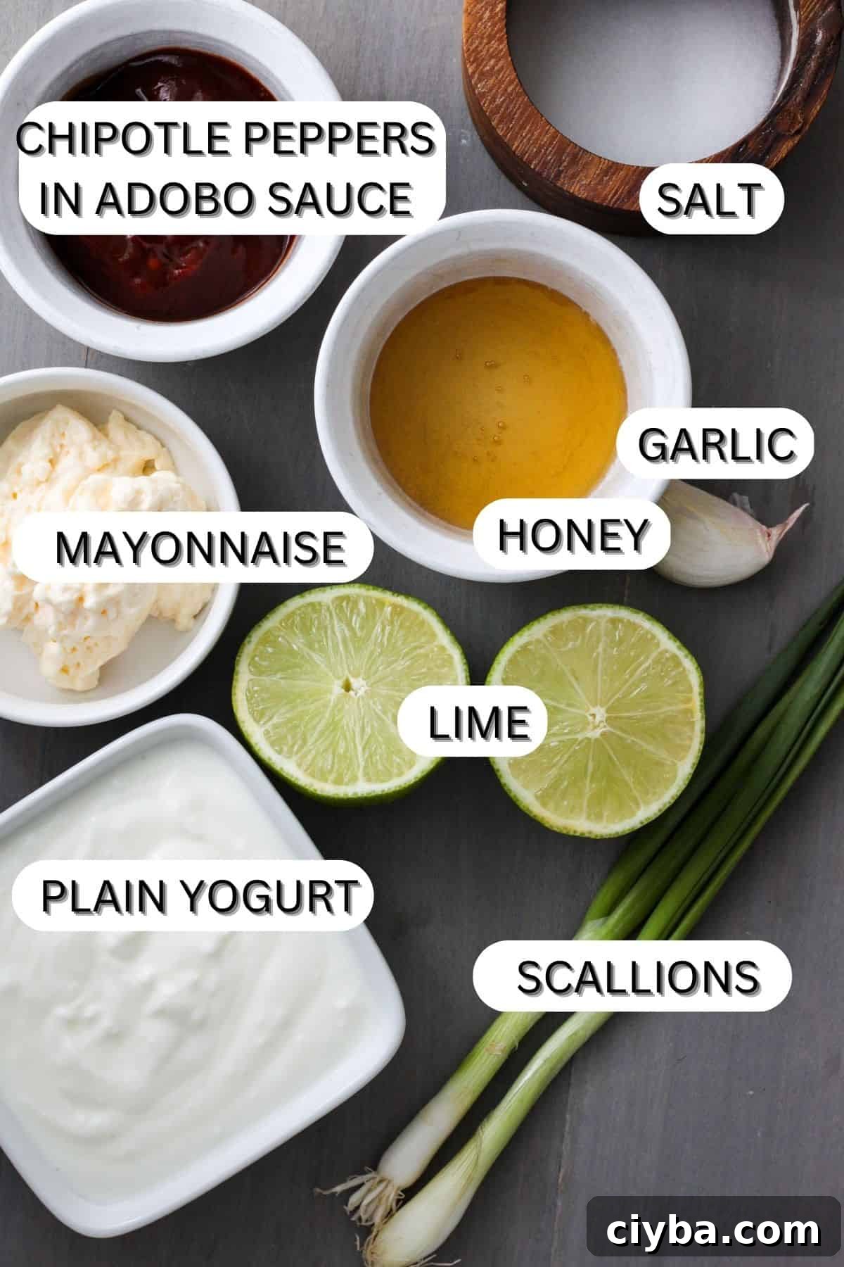 Ingredients for creamy chipotle lime sauce.