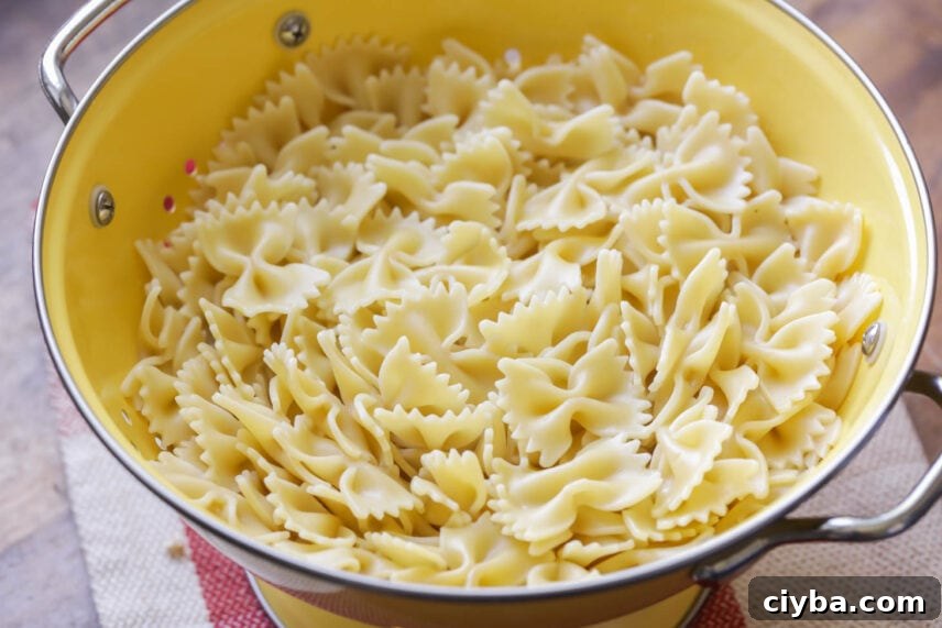 Bowtie pasta in colander