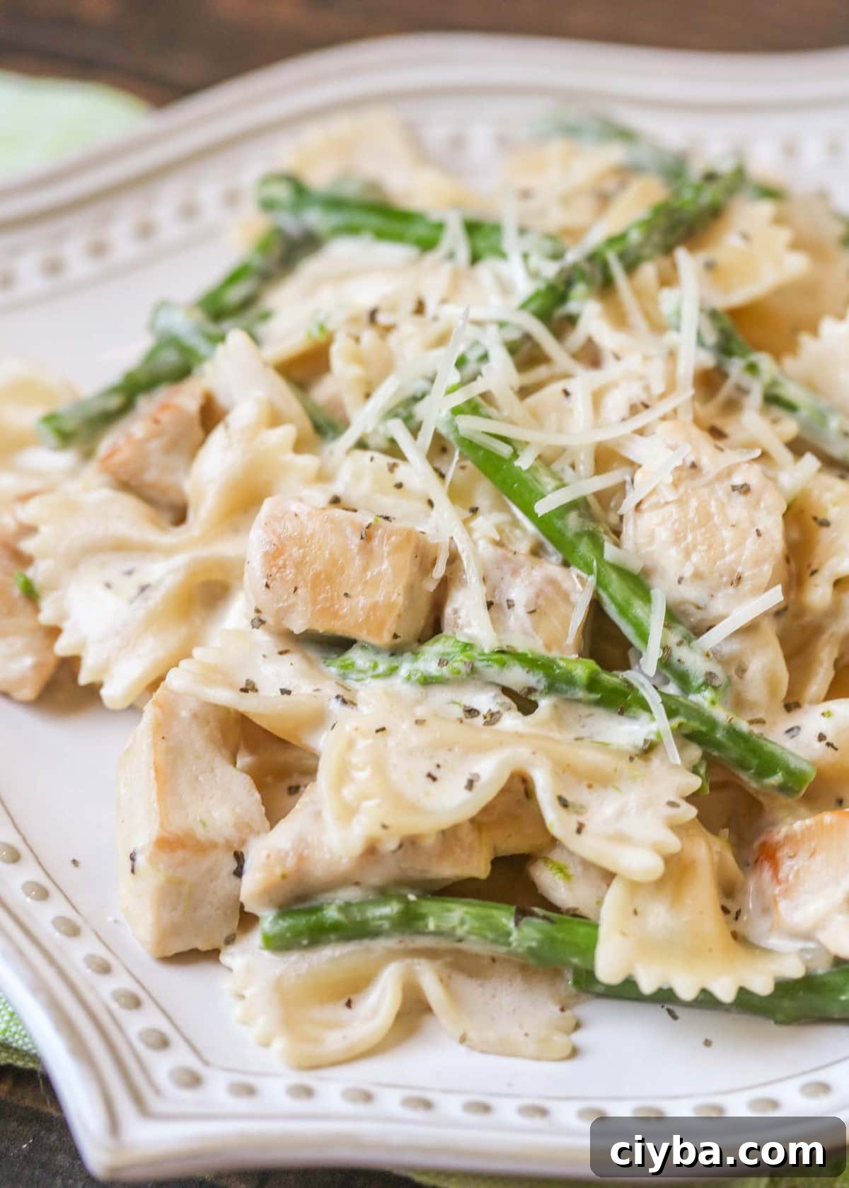 Chicken Asparagus Pasta Recipe on a white plate