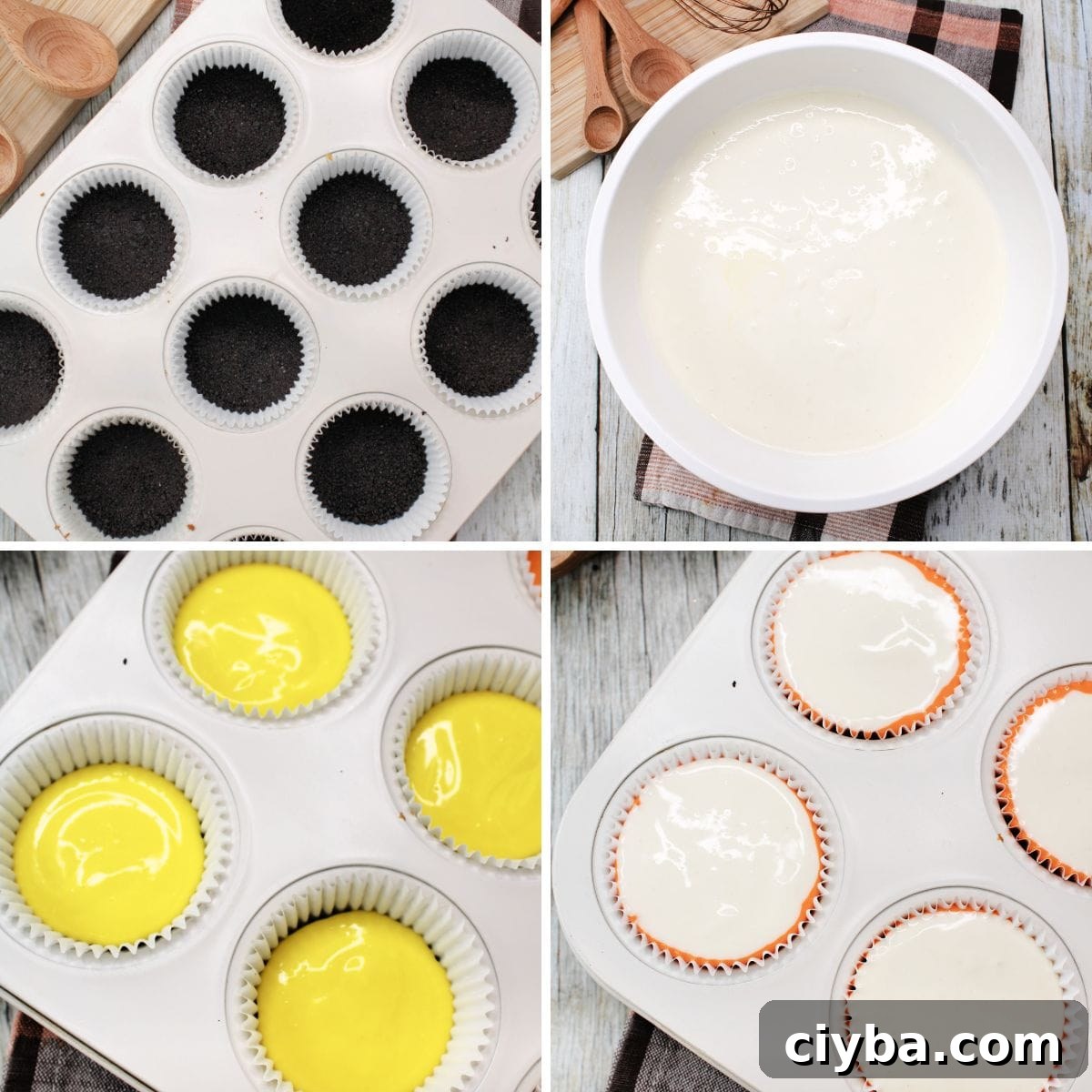 Collage of four images showing how to make mini cheesecakes with oreo crust