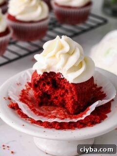 Red Velvet Cupcakes with Cream Cheese Frosting Recipe 18 A bite is missing from a red velvet cupcake with a cream cheese frosting swirl.
