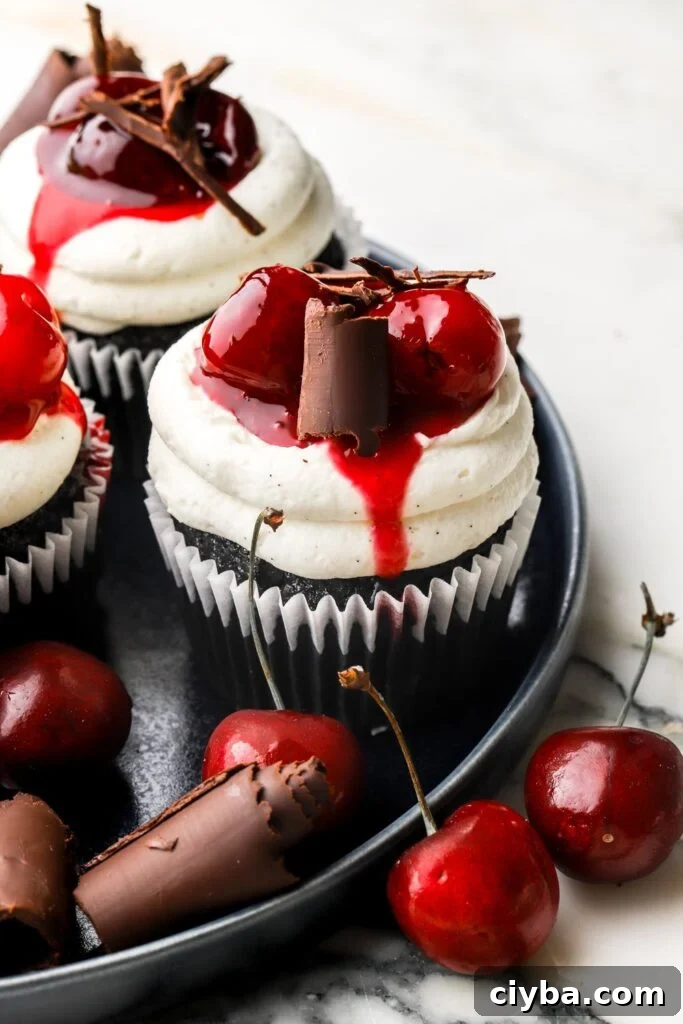 Fluffy Mascarpone Frosting Recipe for Cakes and Cupcakes 5 black forest cupcakes on a plate with cherries