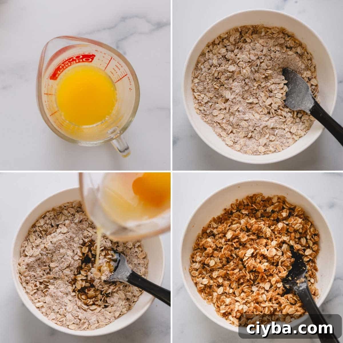 Four images showing the process of preparing a fruit crisp topping, mixing oats with butter.