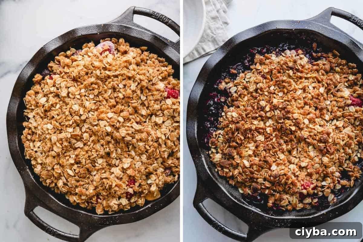 Two images showing a fruit crisp unbaked and baked.