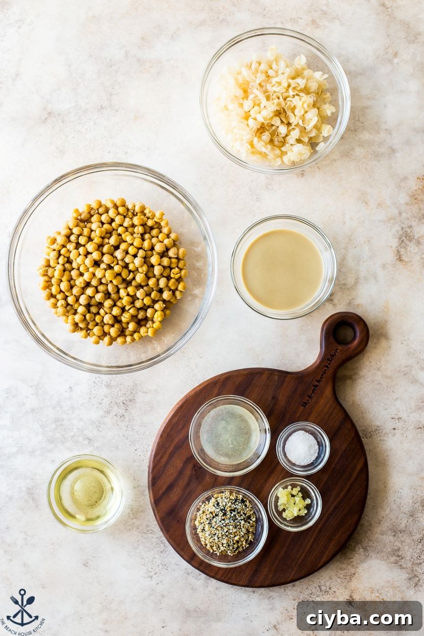 Overhead photo of ingredients for everything hummus