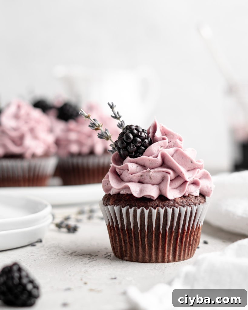 quick and easy chocolate cupcakes are topped with a creamy lavender blackberry buttercream frosting