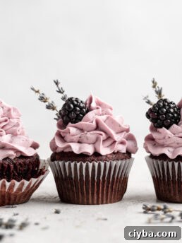 quick and easy chocolate cupcakes are topped with a creamy lavender blackberry buttercream frosting