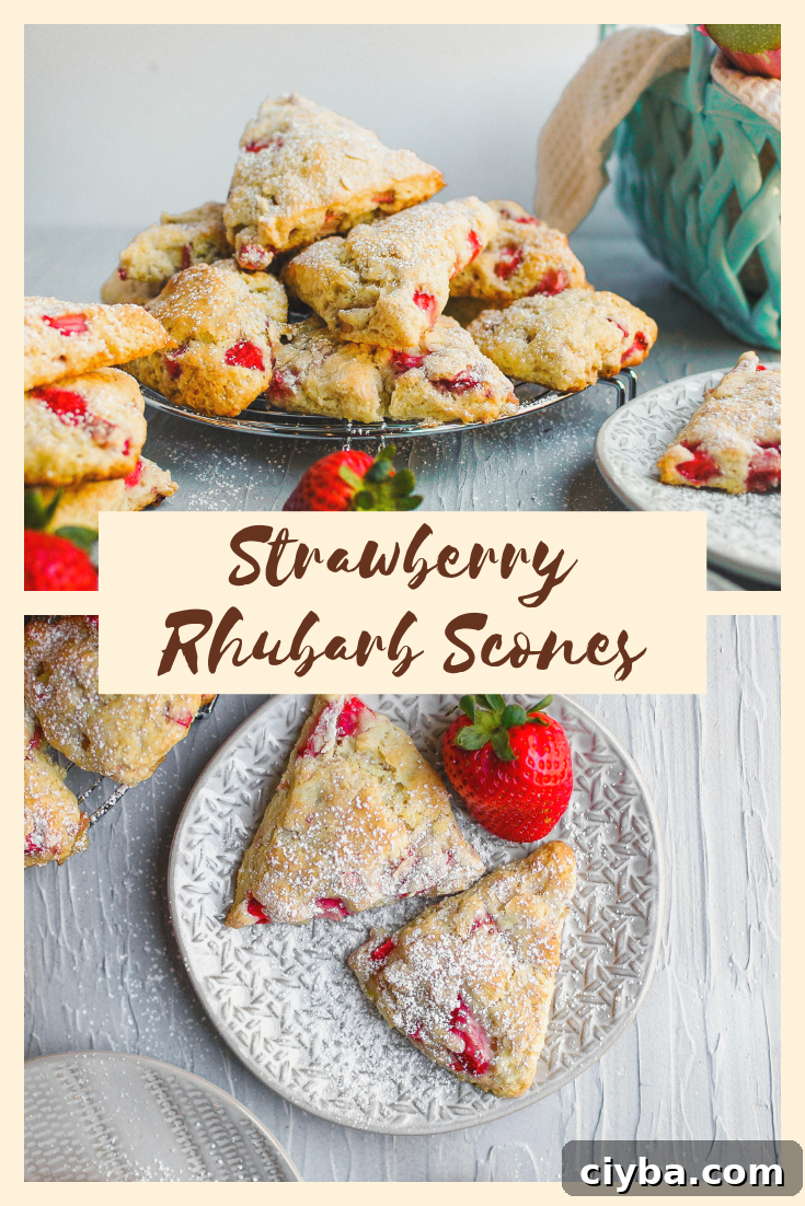 Strawberry Rhubarb Scones are the most delicious breakfast! This easy recipe is perfect for spring or summer. This tasty little baked good is an easy recipe and pairs perfectly with coffee or tea.