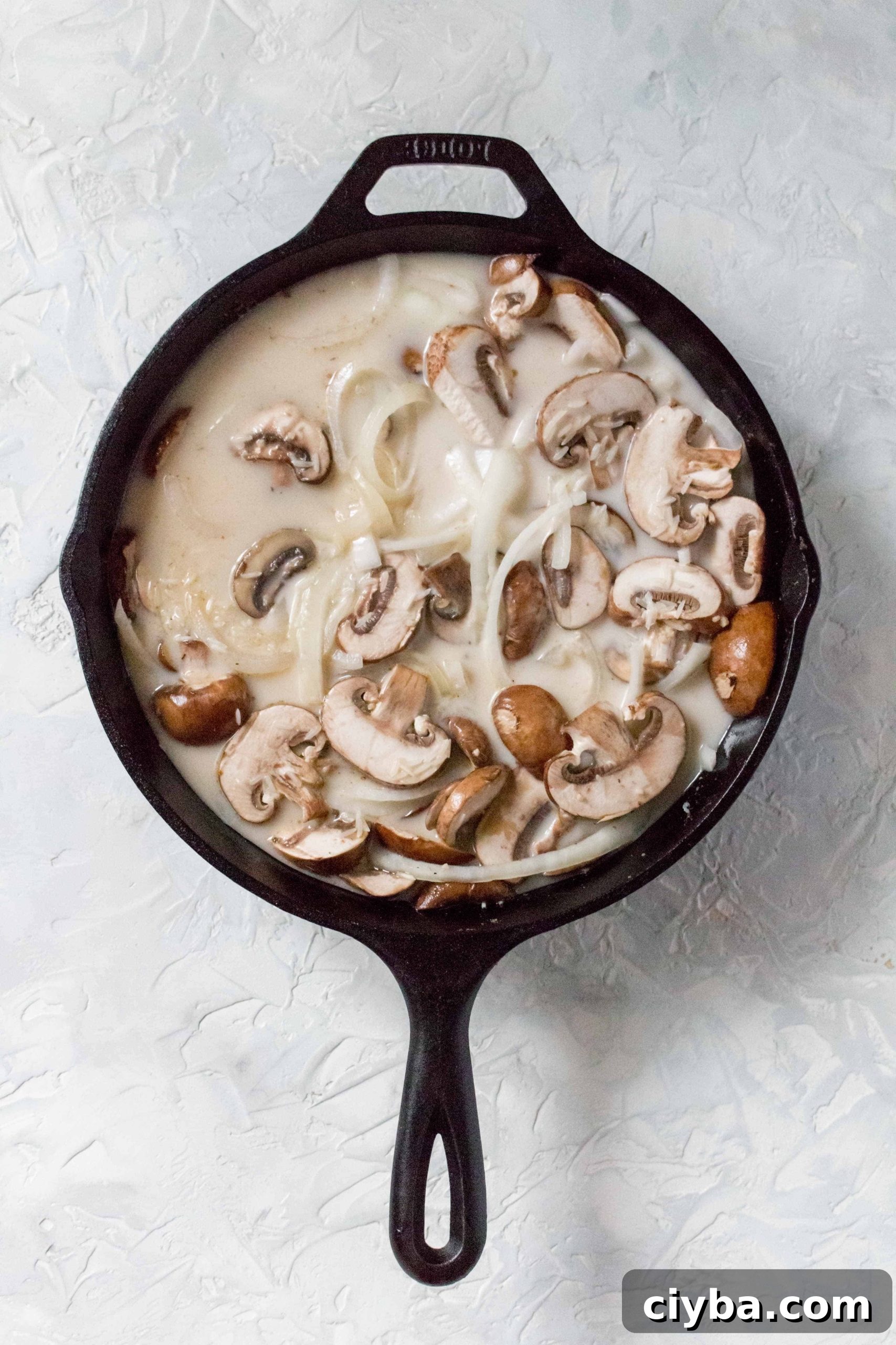 one pot chicken and rice in cast iron: Add in the rice, chicken broth, heavy cream, and dried basil. Stir.