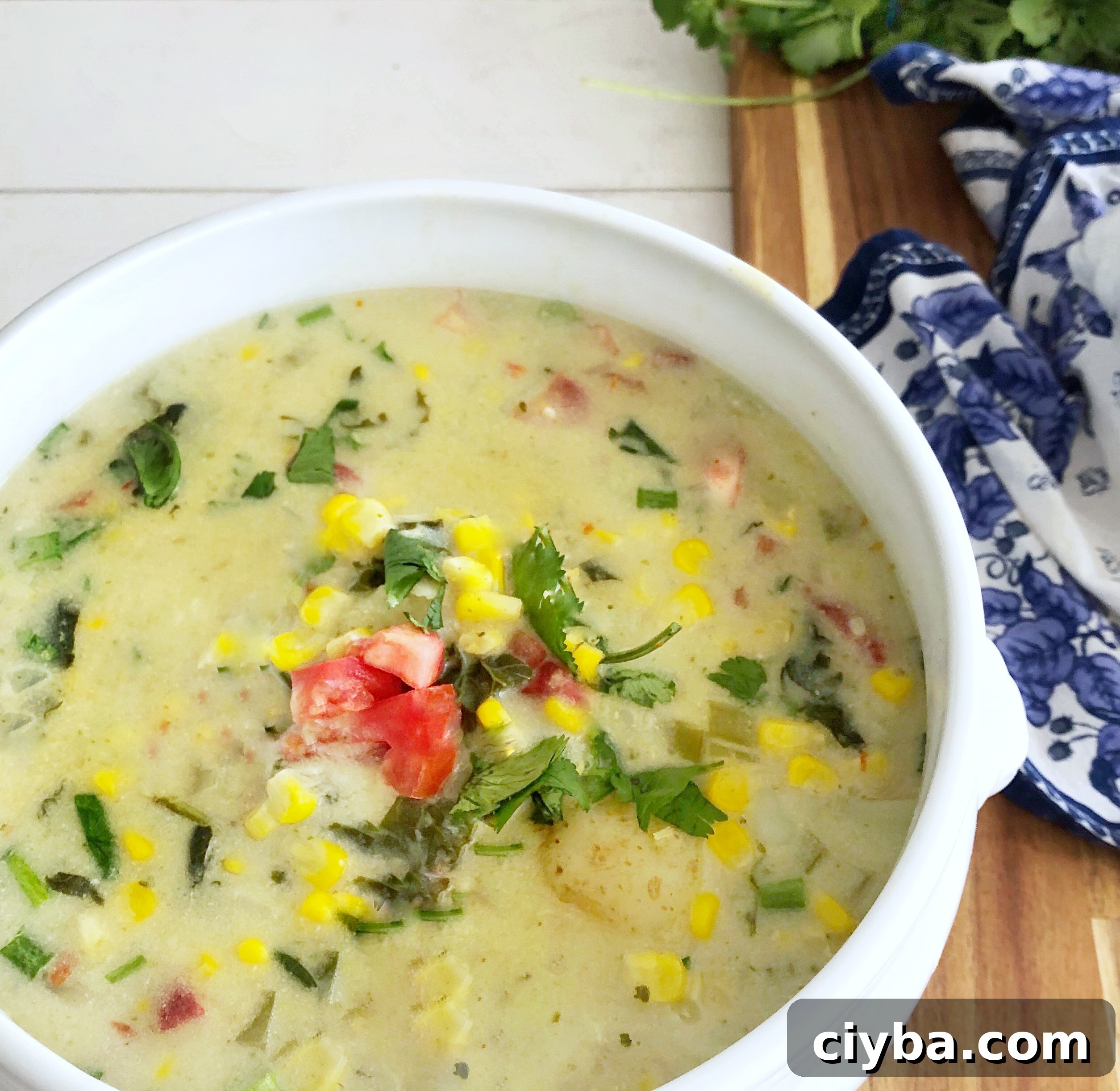 large bowl of coconut corn chowder