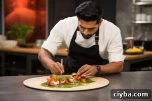 A chef prepares a dish with a knife and fork