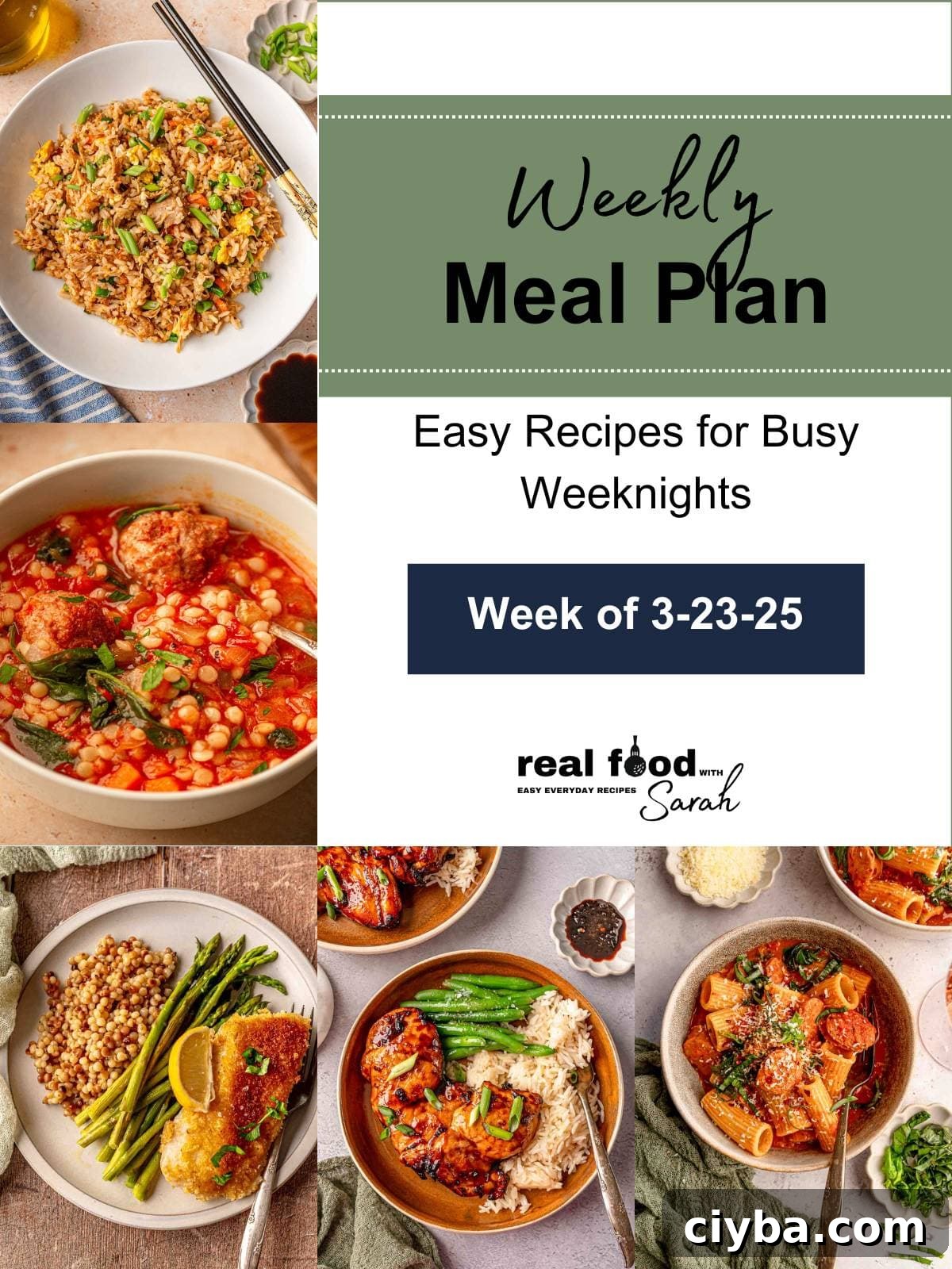 Collage of five meal photos with "Weekly Meal Plan – Week of 3-23-25" and "Real Food with Sarah" logo.
