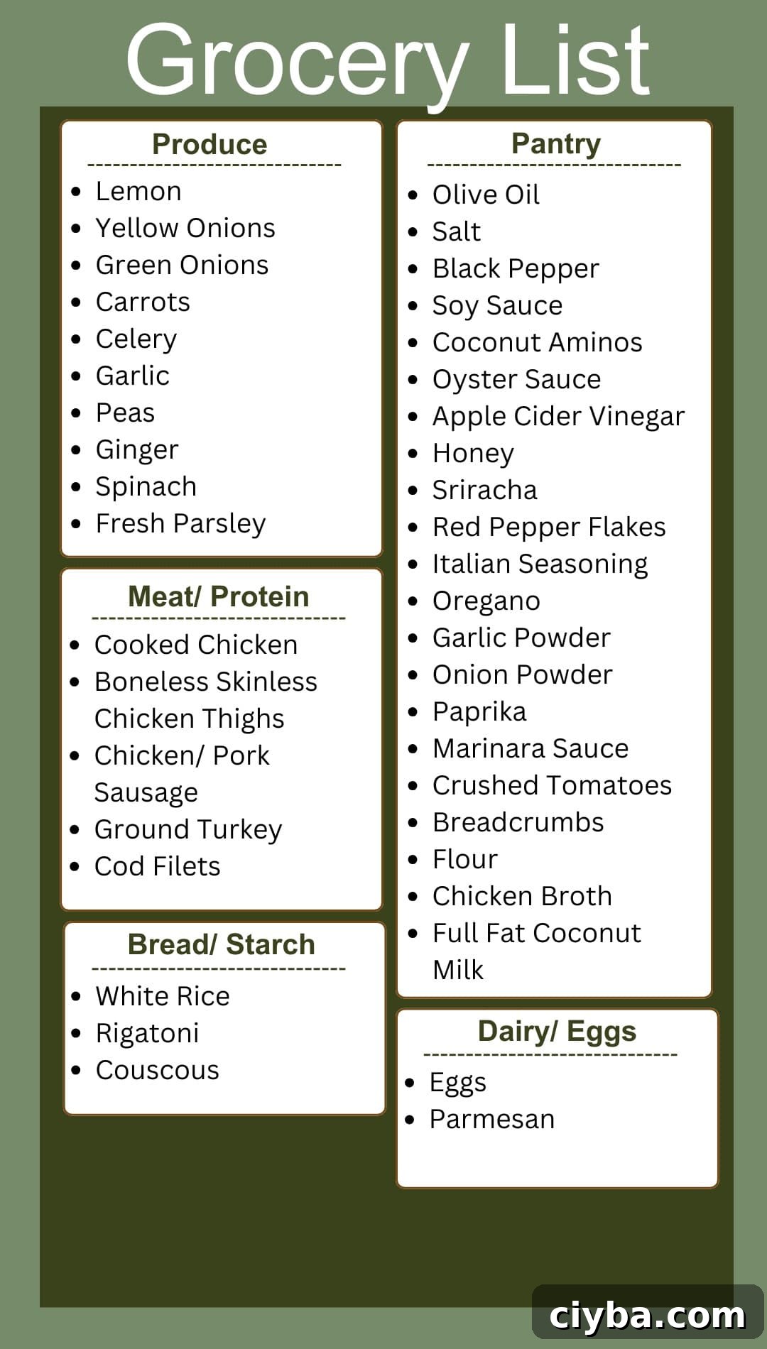 Grocery list divided into produce, pantry, protein, starch, and dairy on a green background.