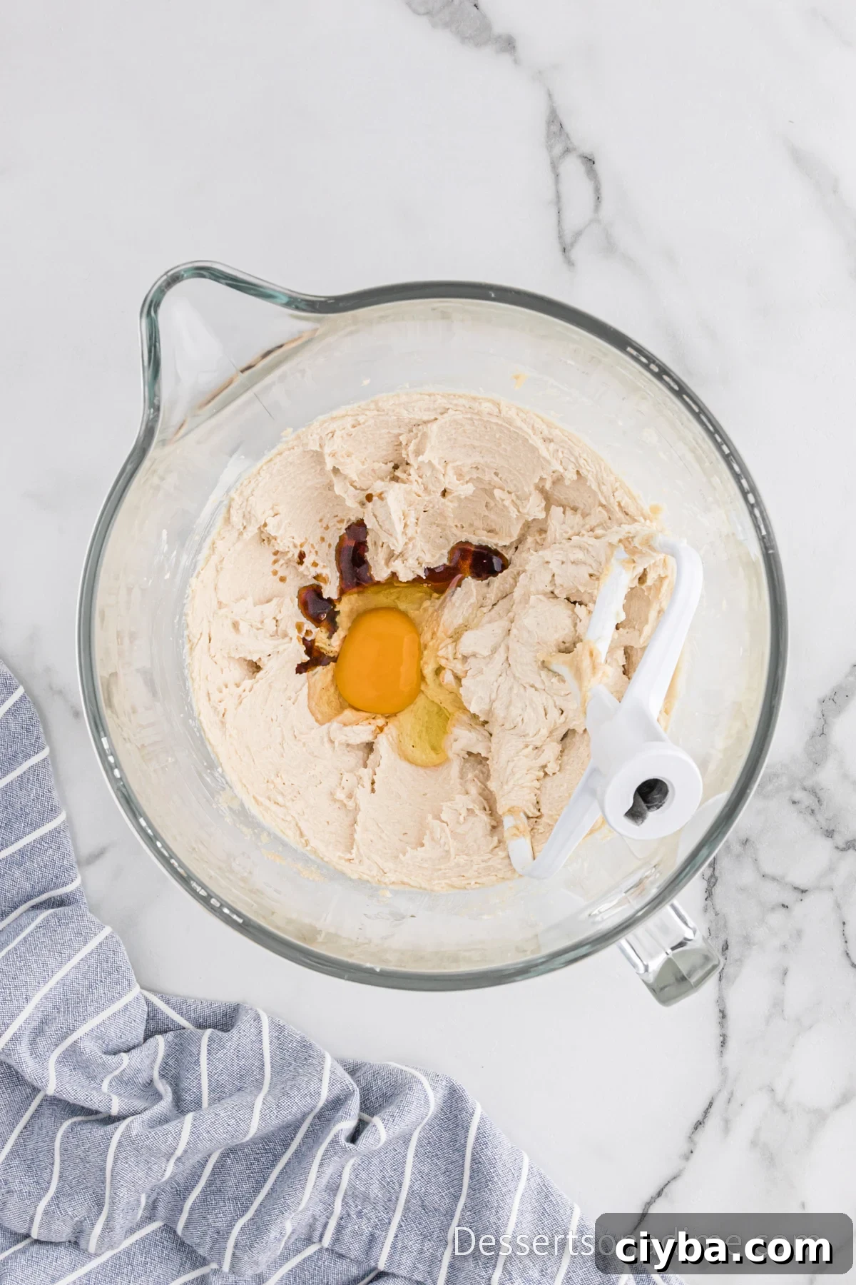 Eggs and vanilla added to mixture.