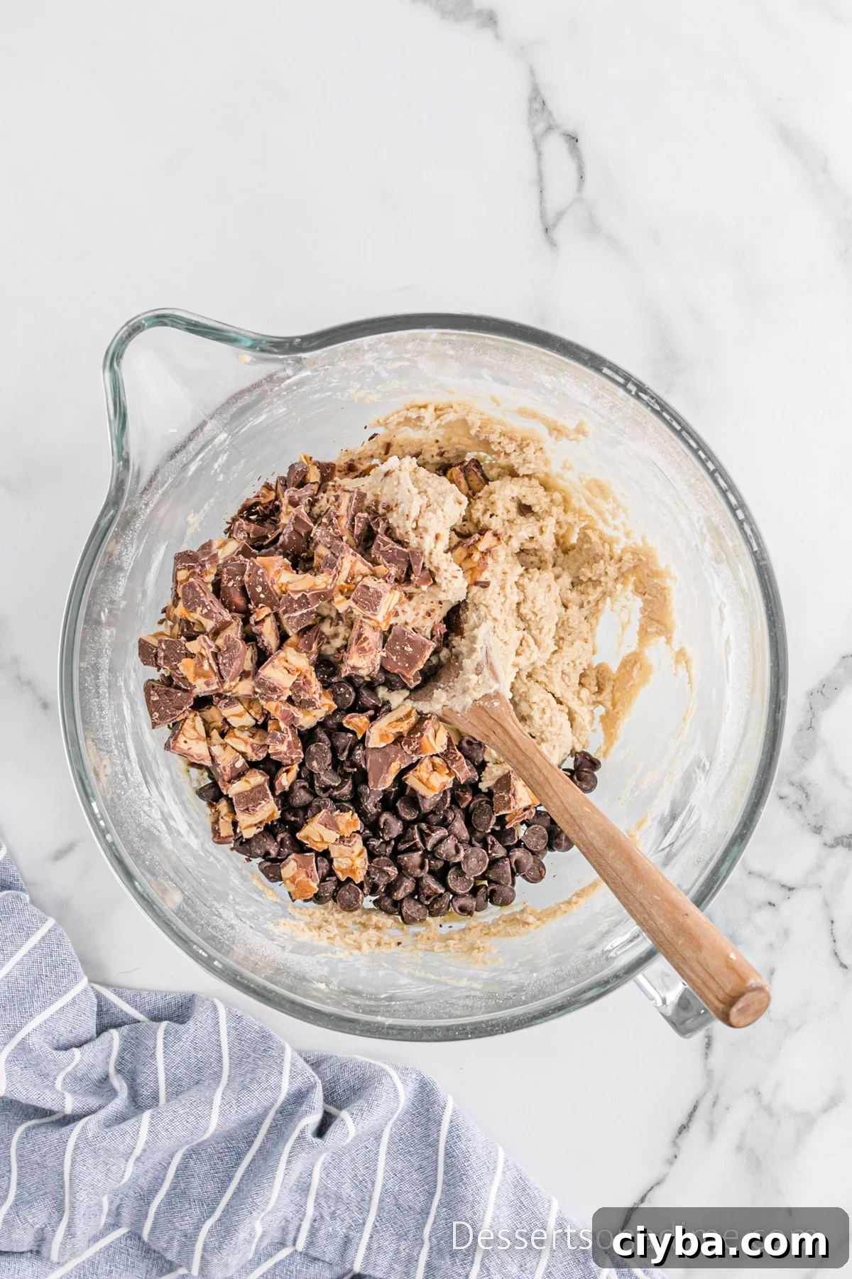 Chocolate Chips folded into bowl.