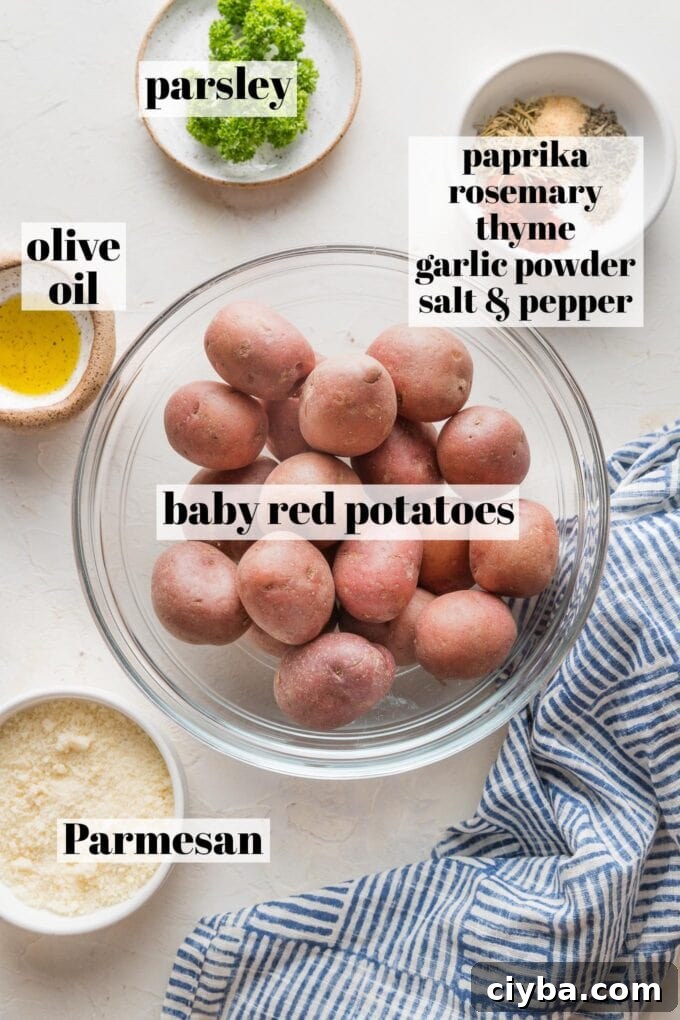 Crispy Parmesan-Crusted Red Potatoes for Dinner 3 Labeled overhead photo of baby red potatoes, grated Parmesan, olive oil, and dried herbs, all in prep bowls and ready to combine.