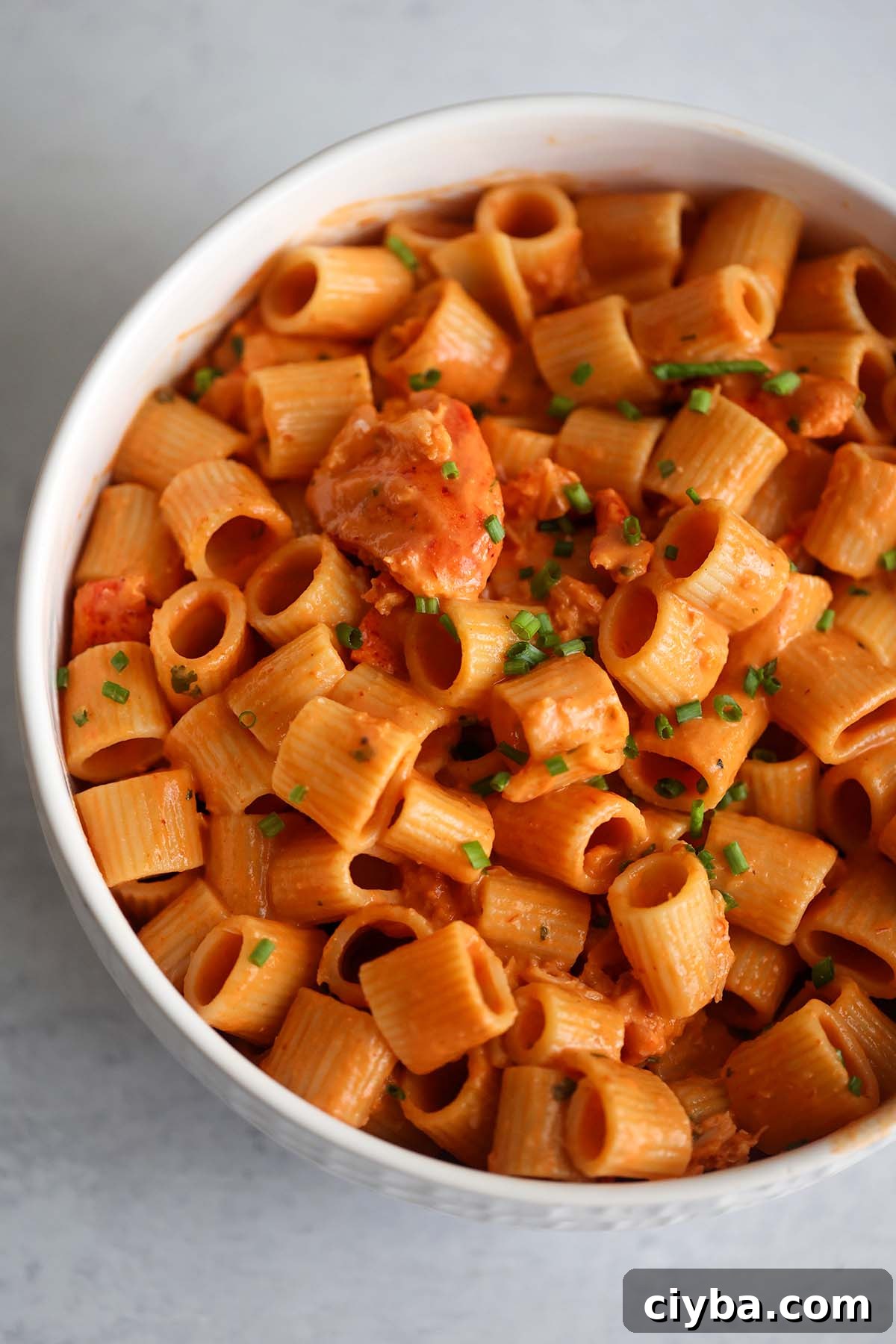 lobster pasta in a white bowl. 