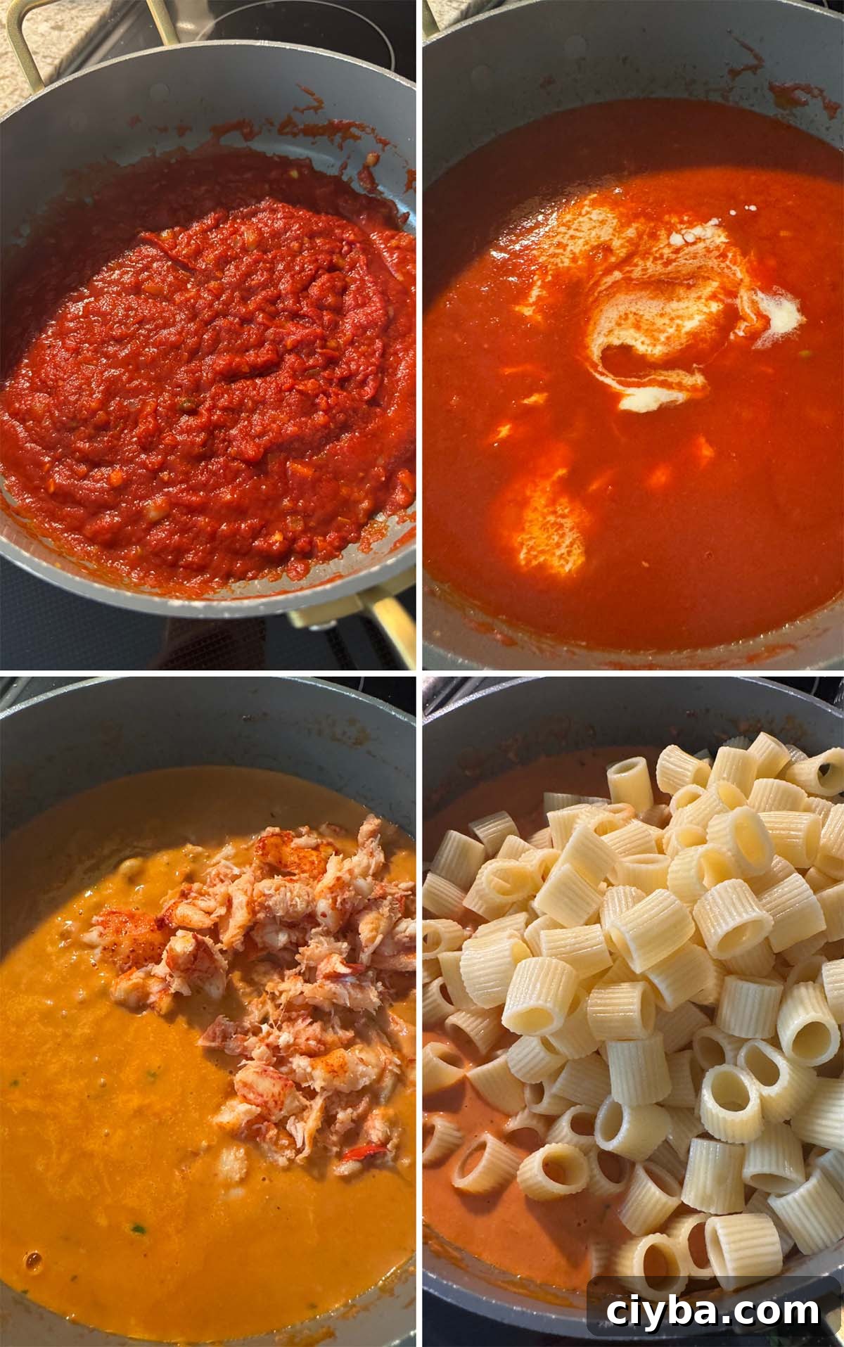 A collage of four photos showing how I made the tomato cream sauce, added the lobster meat, and mixed in the pasta.