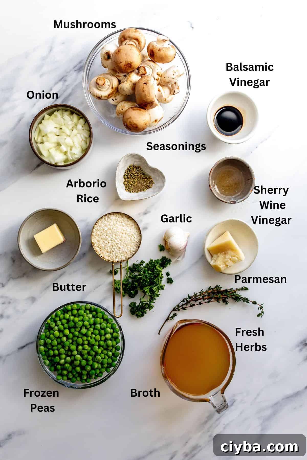 An image of the ingredients of mushroom pea risotto.