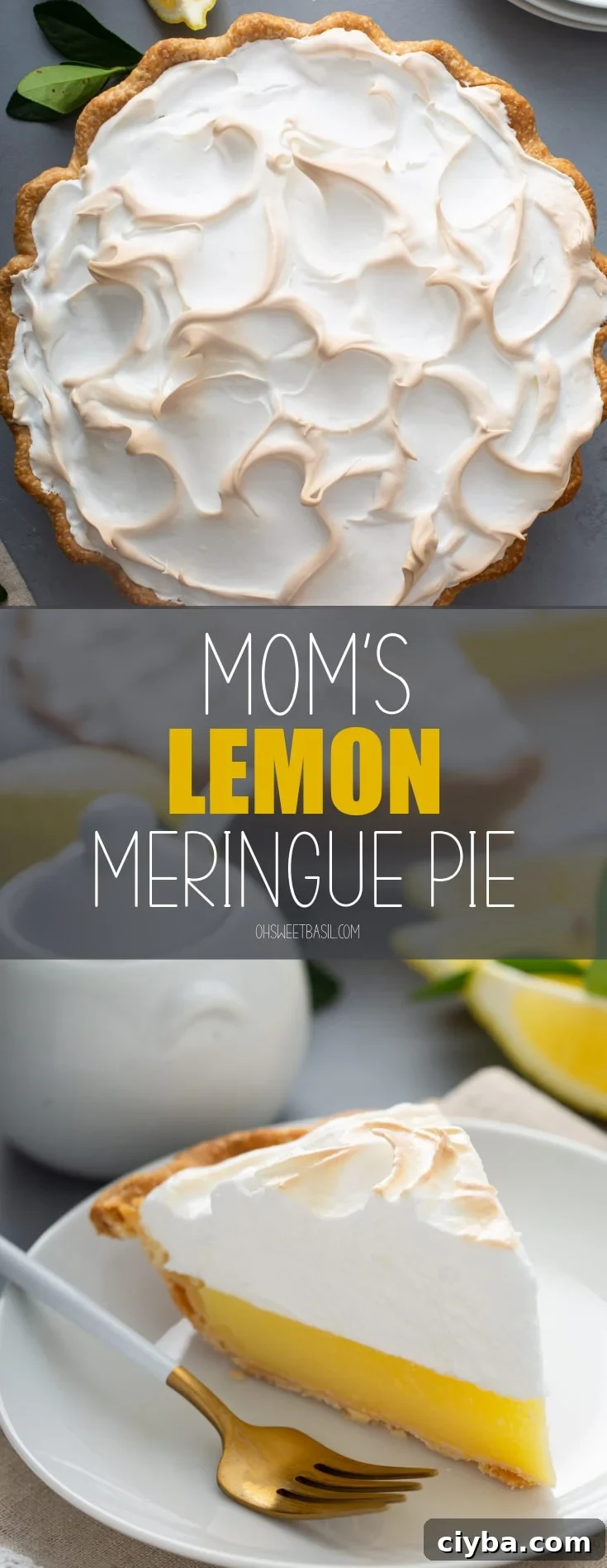 A slice of lemon meringue pie on a white plate with a fork