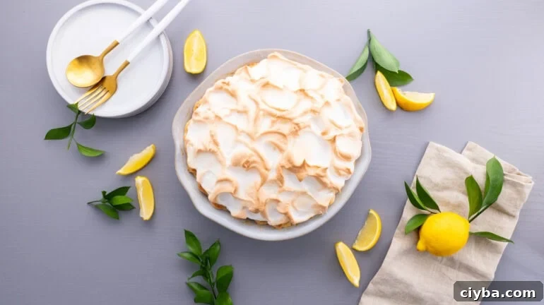 Top view of lemon meringue pie with golden meringue