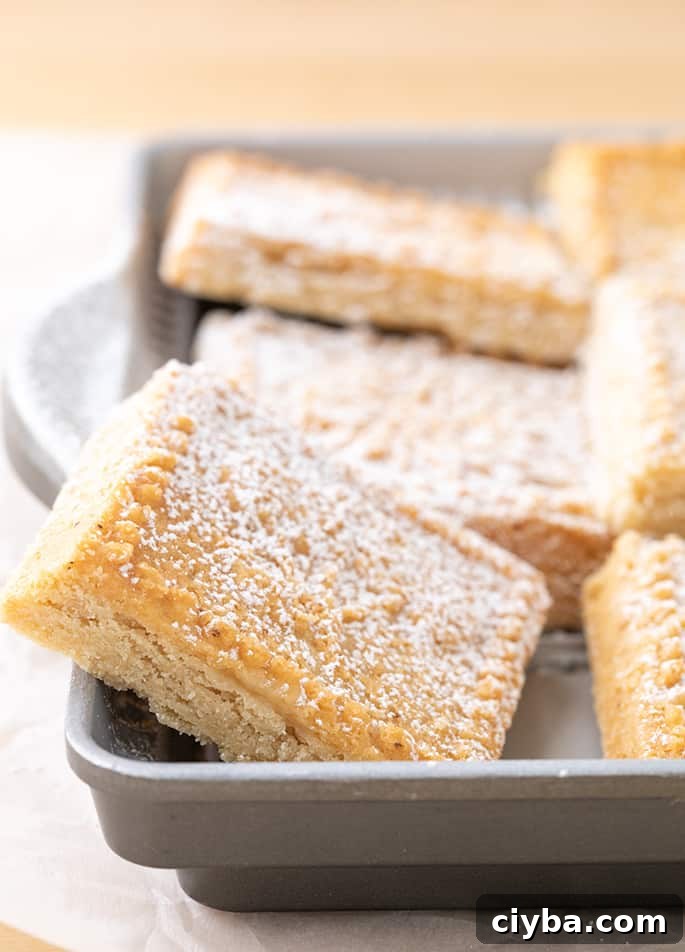 Closeup image of square of shortbread in metal pan