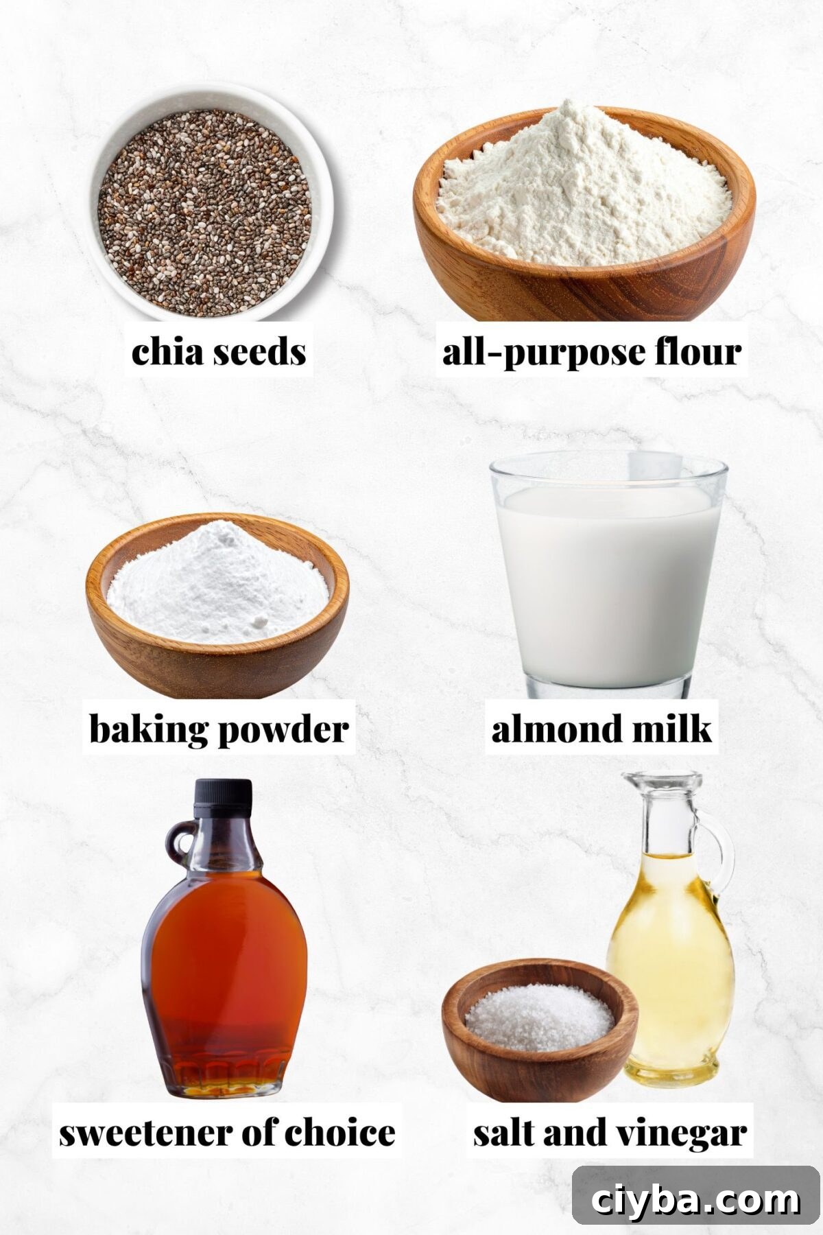 Ingredient collage of chia seeds, flour, baking powder, milk, maple syrup, salt and vinegar all labelled with text.