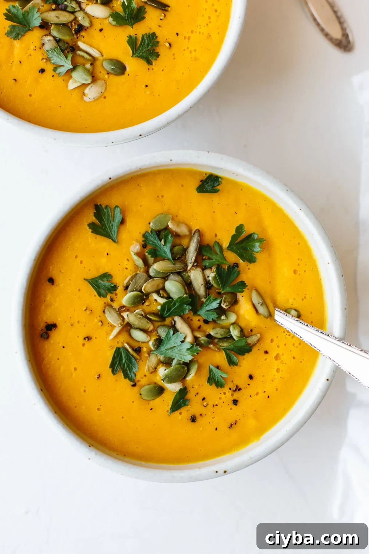 Two bowls of butternut squash soup with spoons.