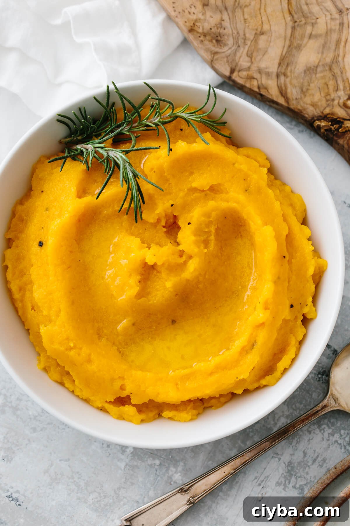 Mashed butternut squash in a white bowl.